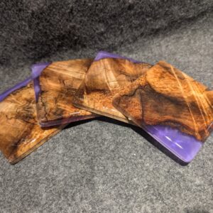 G016 - Set of Four Silver Maple with Purple Resin Coasters. Table Top Epoxy Finish with Cork Bottom (Set of 4)