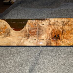 TCB030  Silver Maple Live Edge Burl With Red Epoxy Resin Fill Tournament-Ready Cribbage Board
